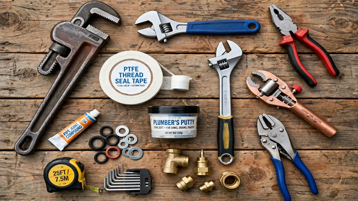Plumbing hand tools laid out on a wooden surface