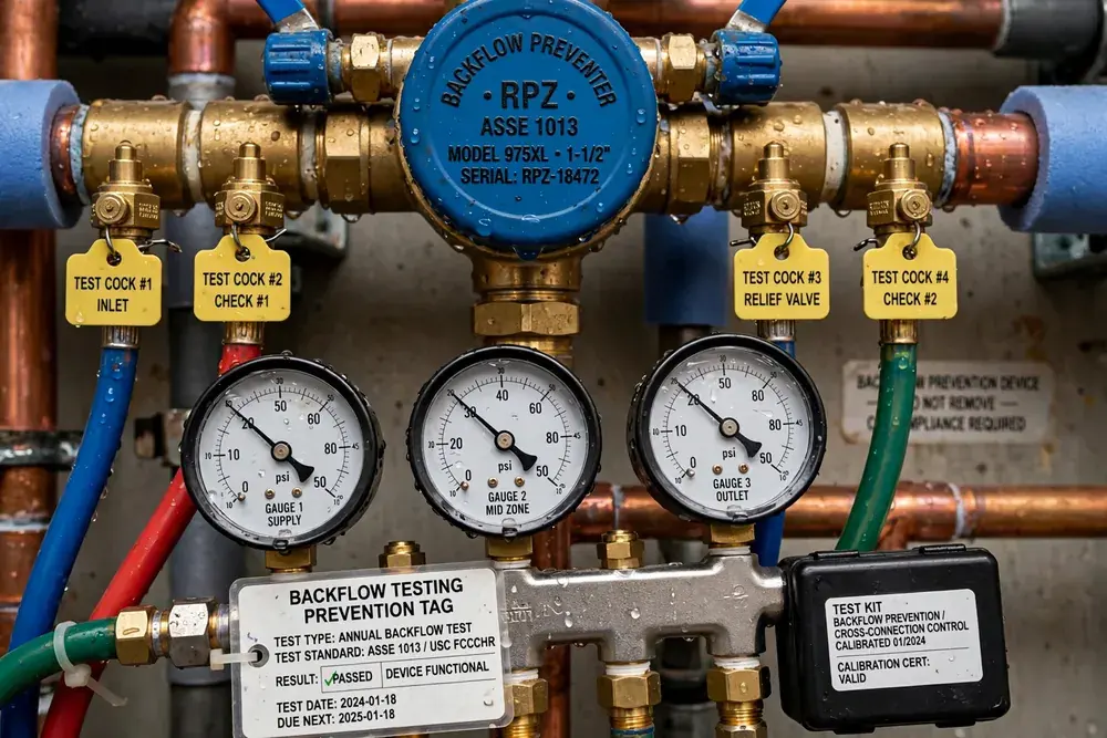 Backflow test kit connected to a backflow assembly