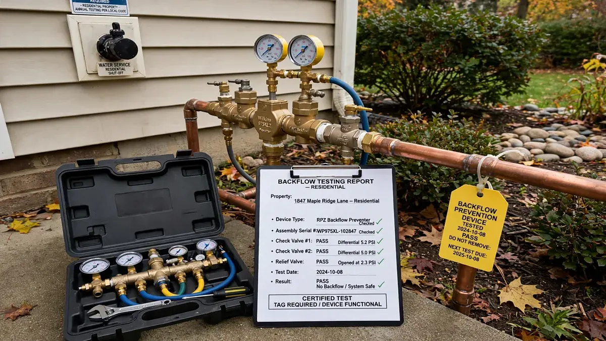 Backflow preventer assembly beside landscaping