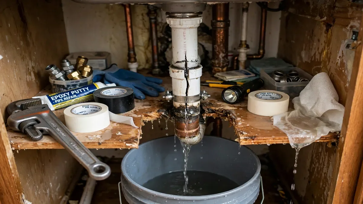 Burst copper pipe spraying water inside a wall