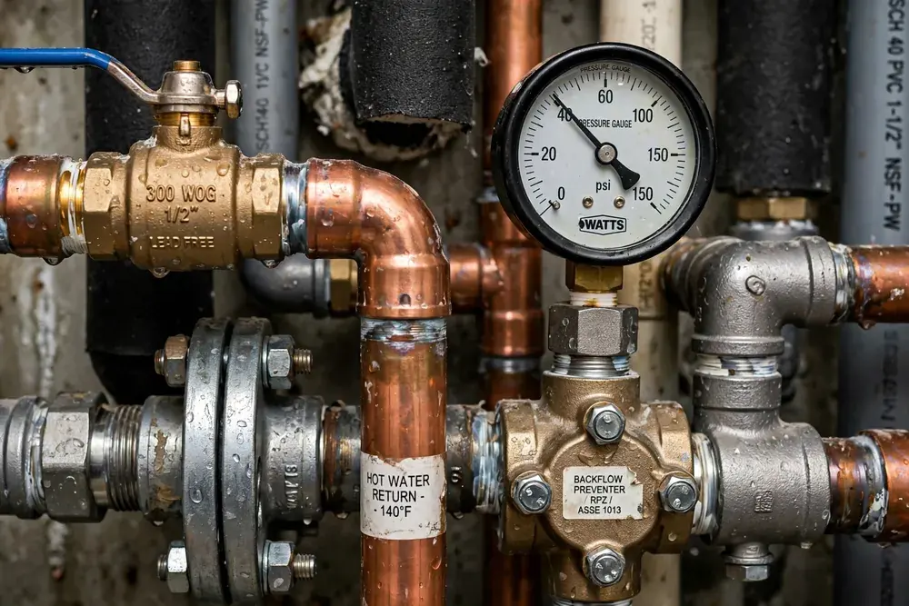 Commercial backflow assembly in a utility room