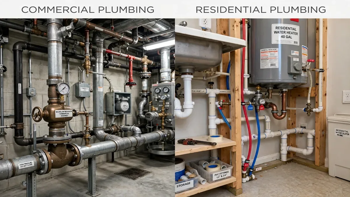 Commercial building mechanical room with large water pipes
