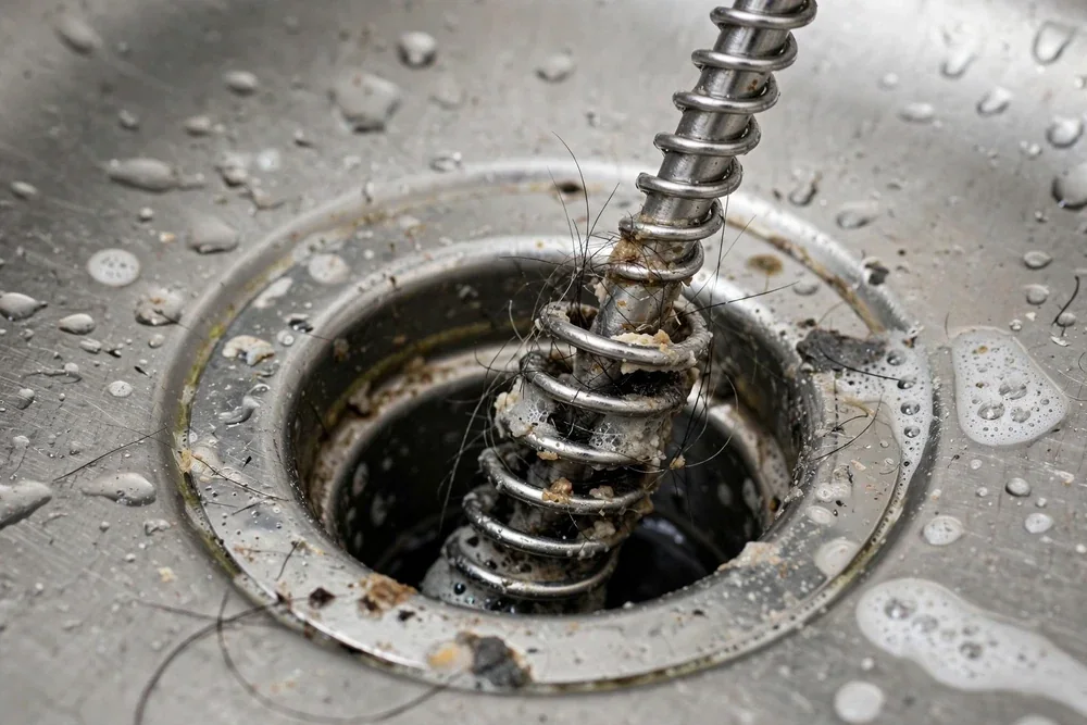 Drain auger cable entering a cleanout