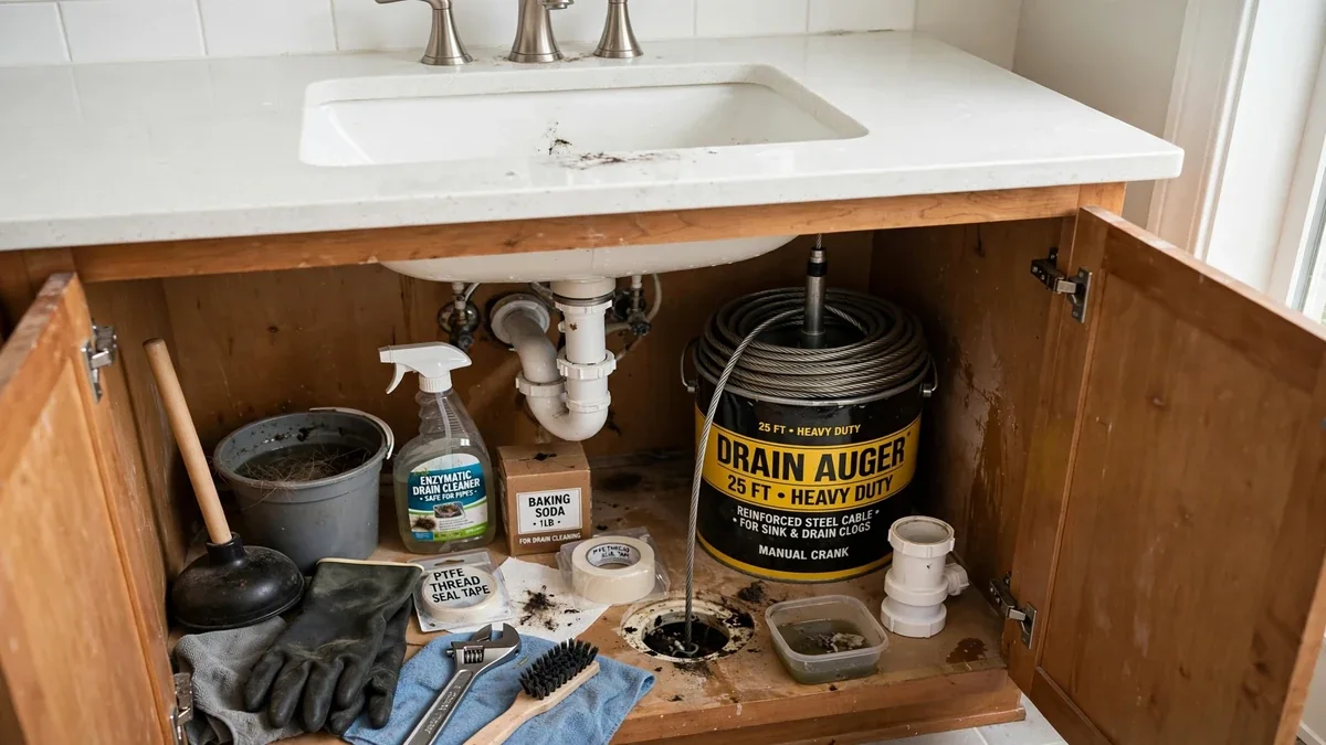 Kitchen sink with standing water from a clogged drain