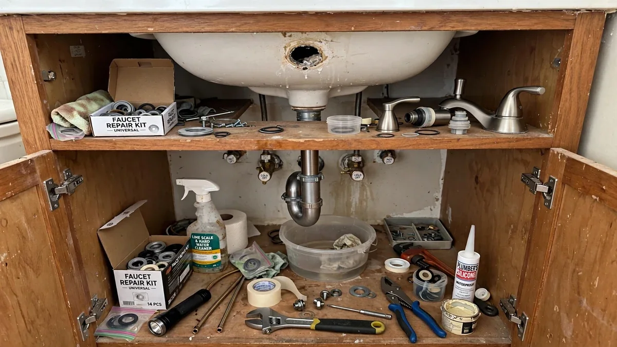Kitchen faucet running into a stainless steel sink