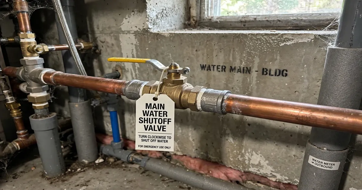 Hand closing the main water shutoff valve with a MAIN WATER tag