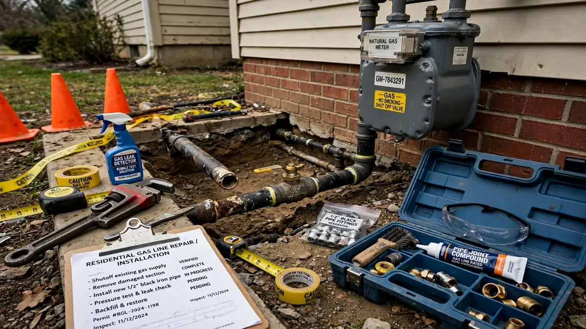 Gas line with a shutoff valve behind an outdoor grill island