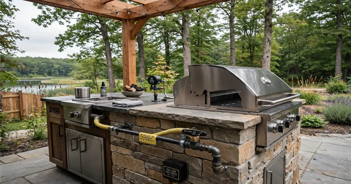 Outdoor kitchen with a built-in grill on a patio