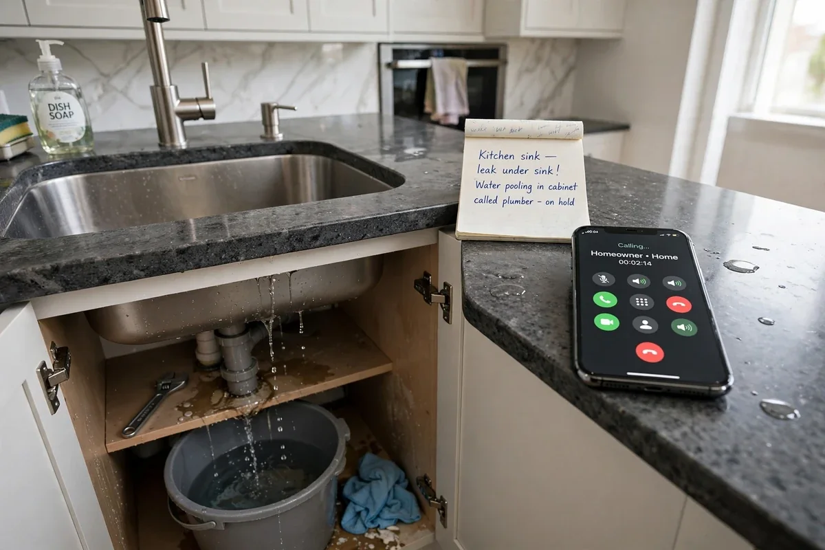 Homeowner calling for help while a kitchen sink leaks