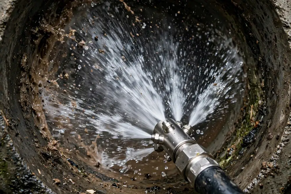 Hydro jetting nozzle spraying high pressure water