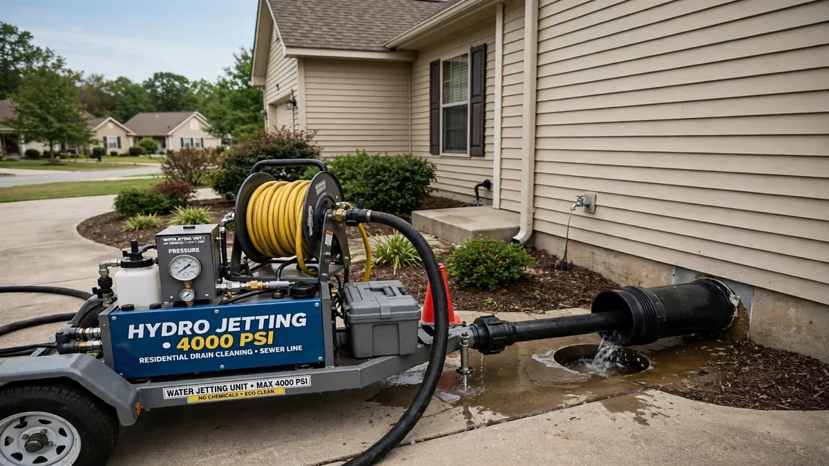 Hydro jetting hose entering a sewer cleanout