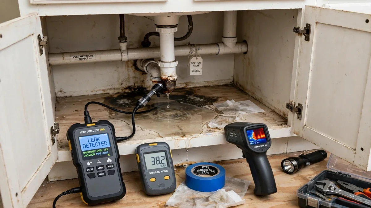 Technician listening for a hidden pipe leak with an acoustic microphone