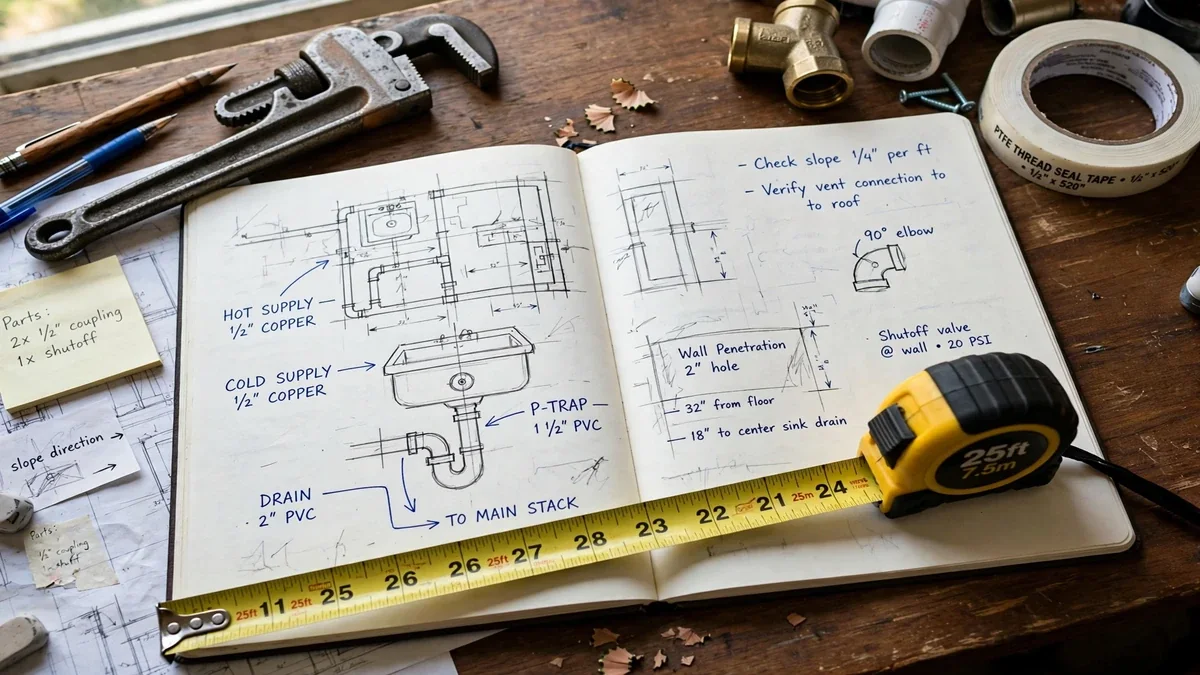 Notebook with a plumbing sketch and a tape measure