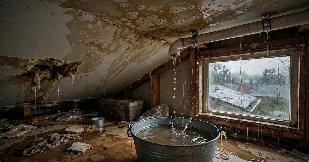 Bucket catching drips under a stained ceiling during rain