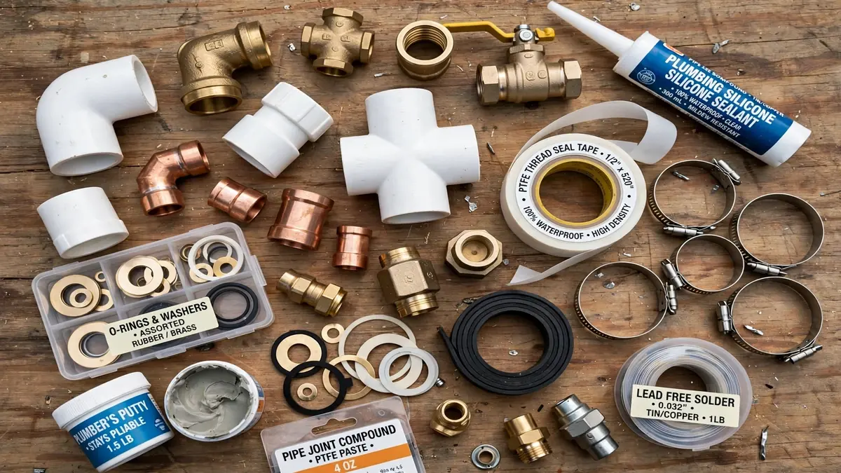 Plumbing fittings, PEX tubing and a pipe wrench laid out on a workbench