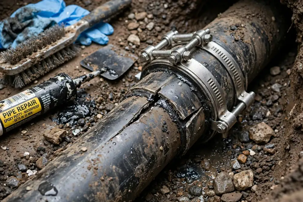 Cracked clay sewer pipe with tree roots inside