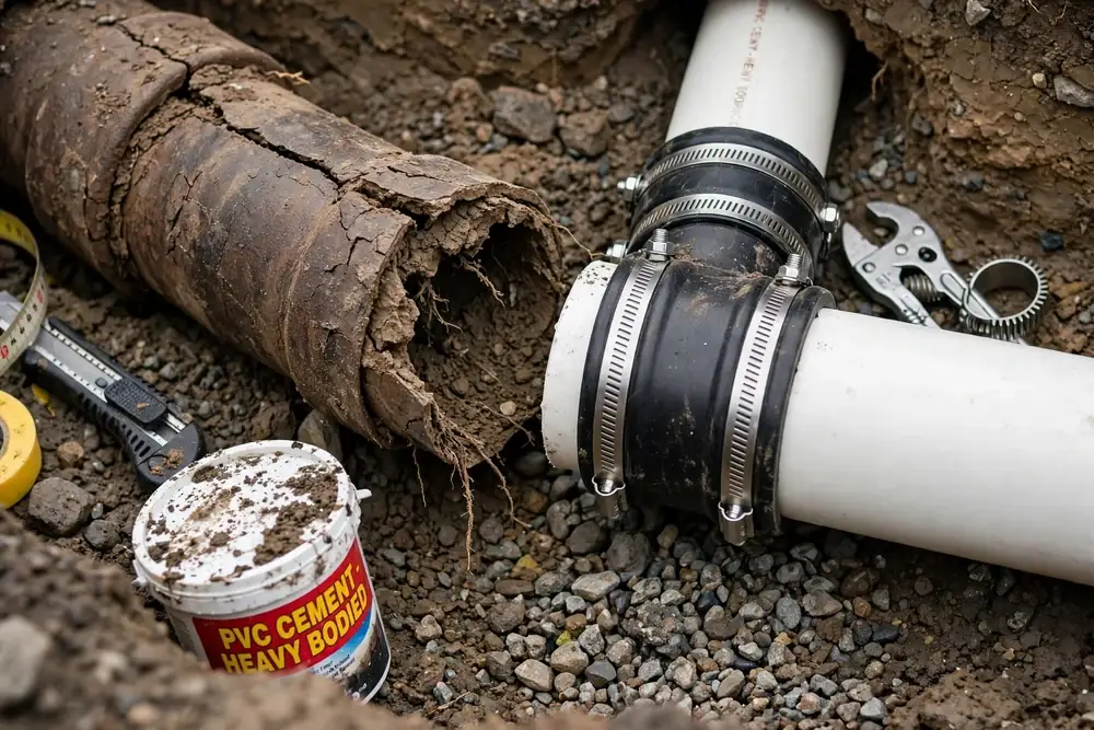 New and old sewer pipe sections beside a trench