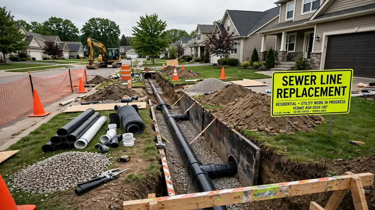New sewer pipe laid in an open trench in a front yard