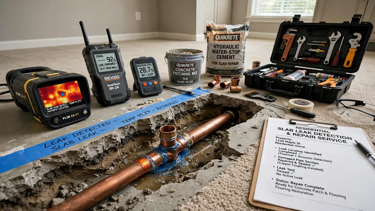 Opened concrete slab exposing a leaking copper pipe