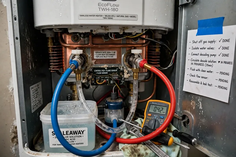 Descaling flush setup connected to a tankless water heater