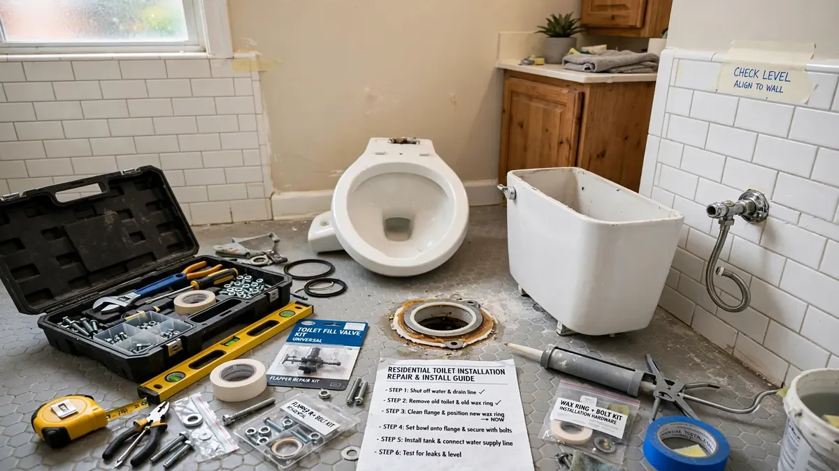 Toilet tank with the lid off showing the fill valve and flapper