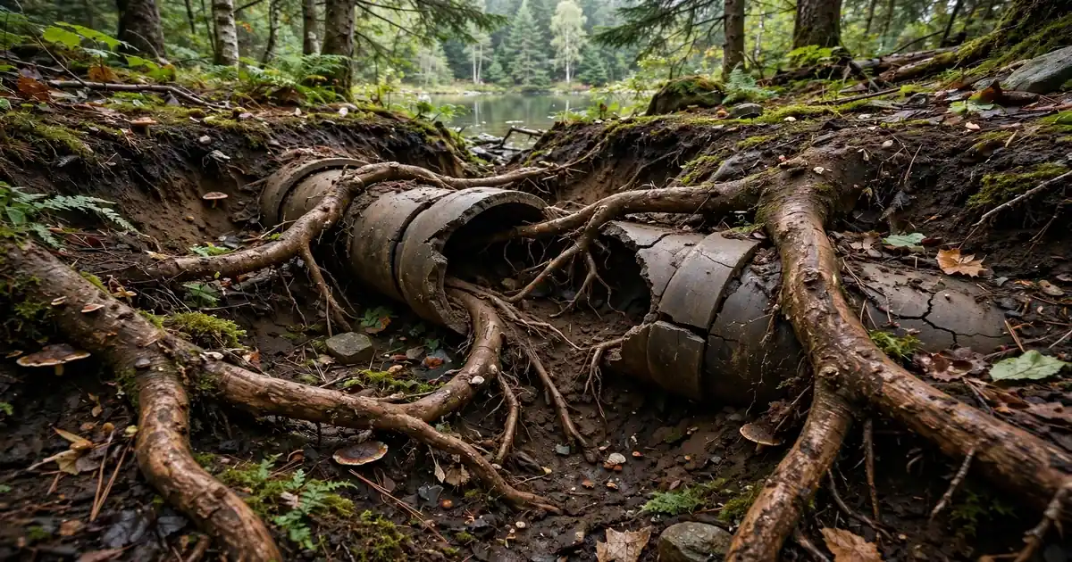 Tree roots growing inside a clay sewer pipe
