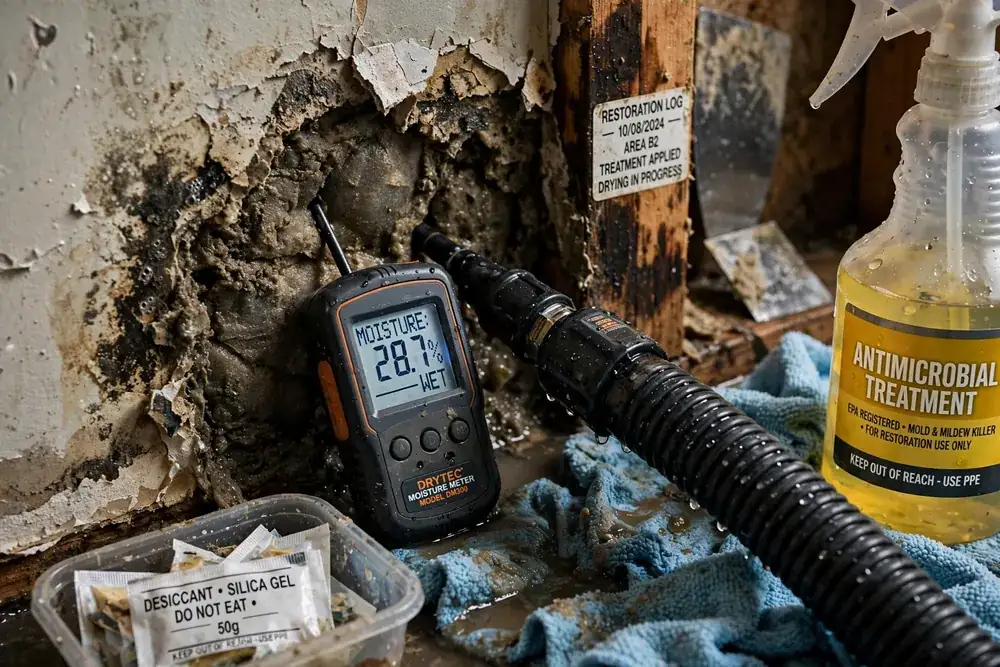 Moisture meter reading on a wet wall