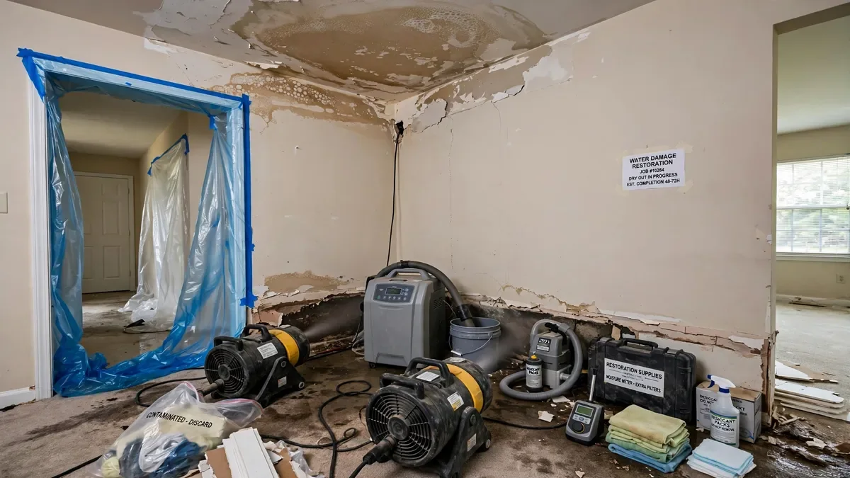 Living room with water damage and drying fans running