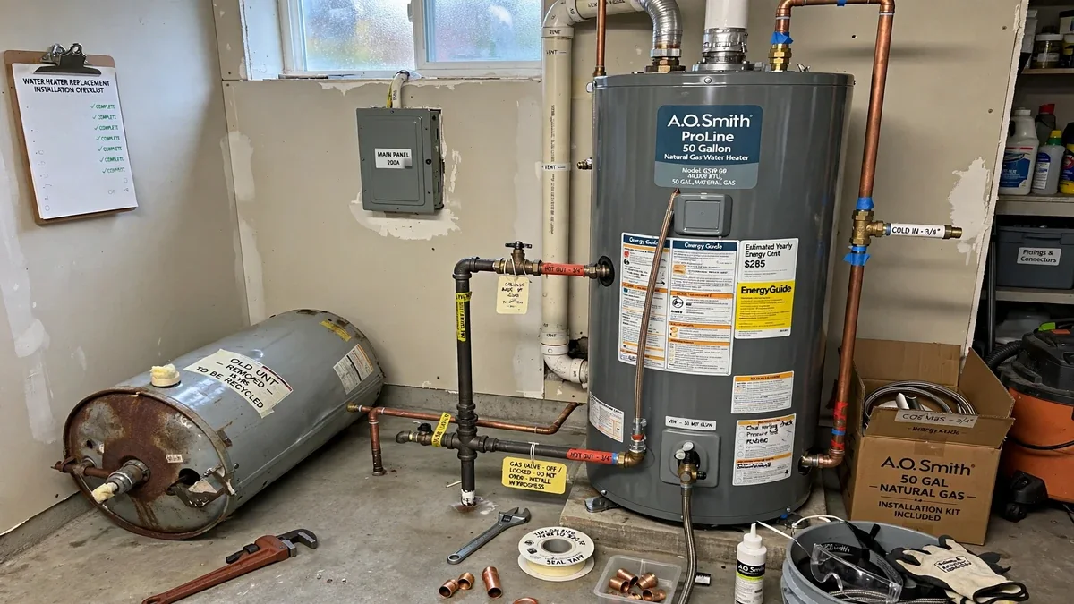 New gas water heater strapped to the wall on a raised platform in a garage