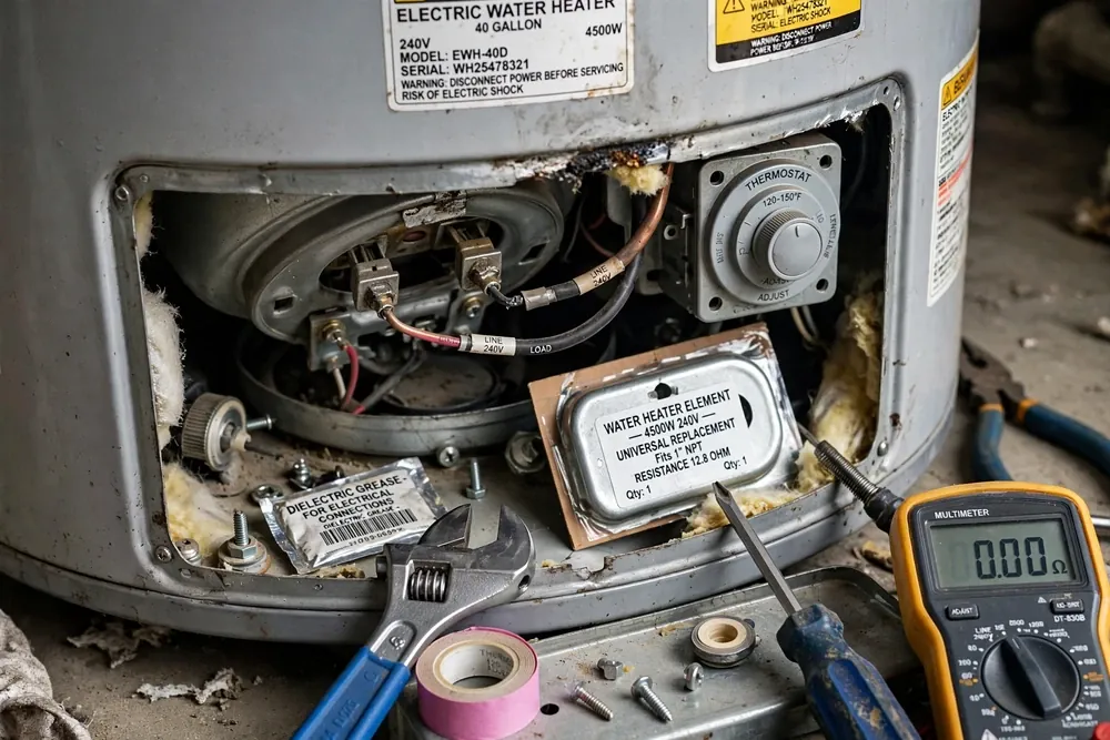 Corroded drain valve leaking at the base of a water heater