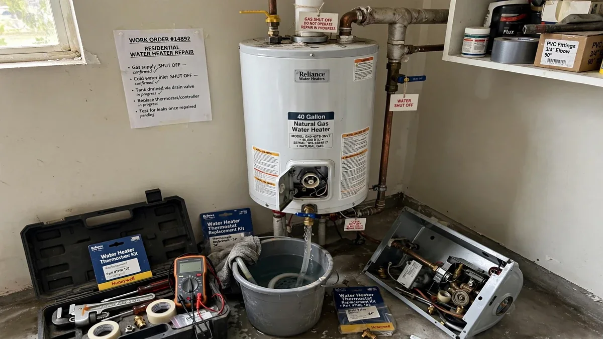 Hands checking the thermostat and gas valve on a tank water heater