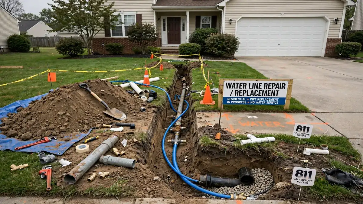 Excavated yard exposing a buried copper water line