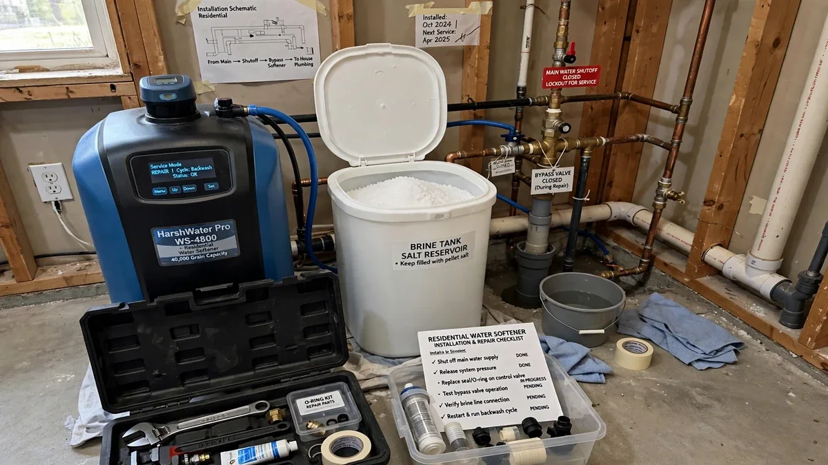 Water softener and brine tank installed in a garage