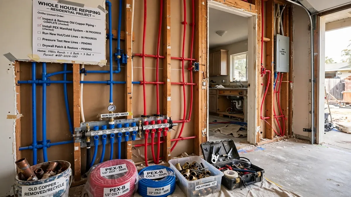 New PEX tubing and manifold installed in open wall studs